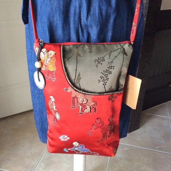 LAST 1! 100% Silk Crossbody Bag Red Asian Men Big Sky Shanghai Purse Coin Charm - Picture 4 of 8